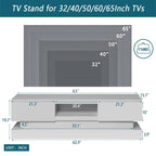 Meuble TV blanc de 63 po avec tiroirs et lumières DEL pour téléviseurs de 65 po