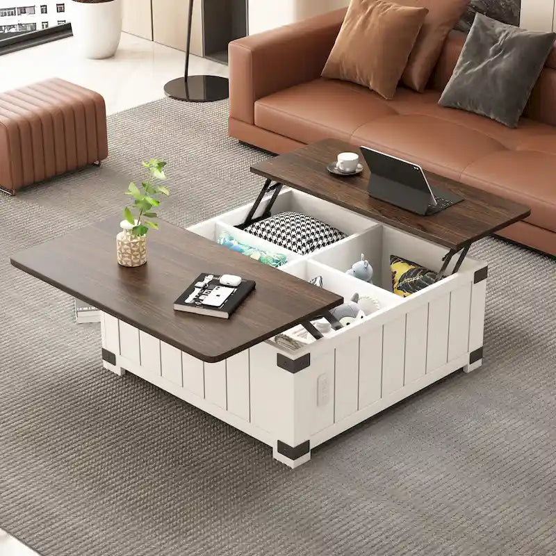 Farmhouse Lift-Top Coffee Table with Storage, USB Ports, and Charging Station