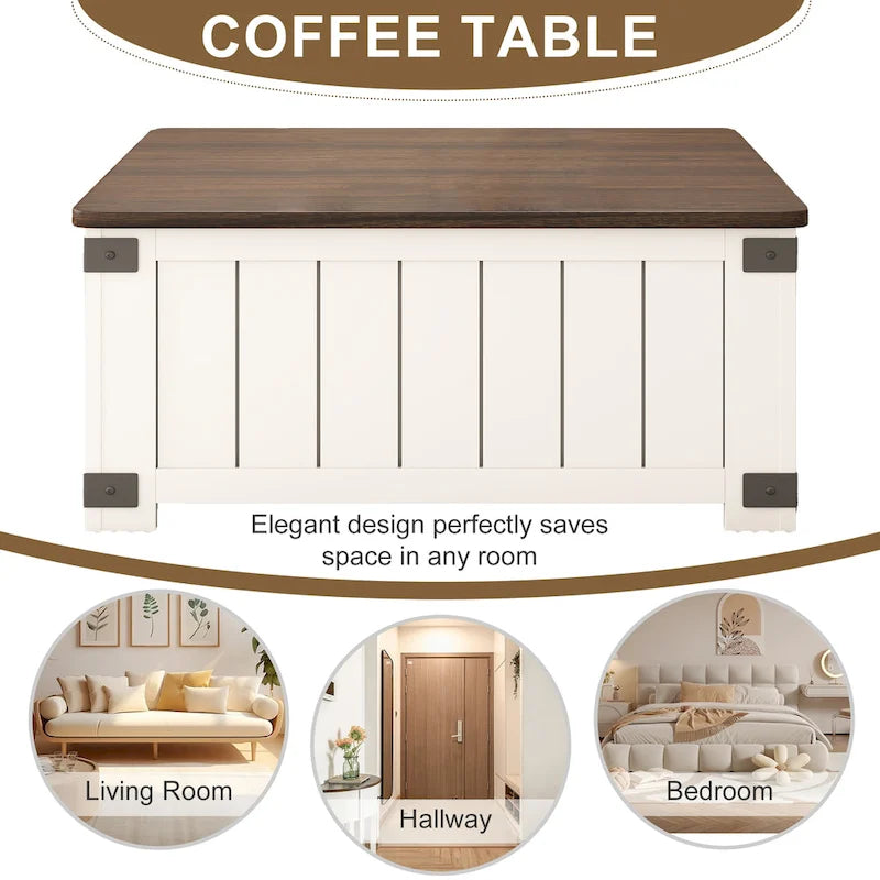 Farmhouse Lift-Top Coffee Table with Storage, USB Ports, and Charging Station
