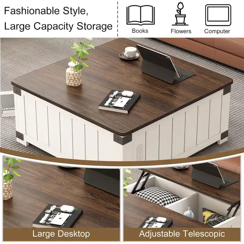 Farmhouse Lift-Top Coffee Table with Storage, USB Ports, and Charging Station