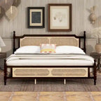 Lit en bois avec tête de lit et pied de lit en rotin, lit plateforme King size à profil bas avec plateforme de lit centrale améliorée