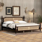 Lit en bois avec tête de lit et pied de lit en rotin, lit plateforme King size à profil bas avec plateforme de lit centrale améliorée