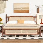 Lit en bois avec tête de lit et pied de lit en rotin, lit plateforme King size à profil bas avec plateforme de lit centrale améliorée