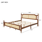 Lit en bois avec tête de lit et pied de lit en rotin, lit plateforme King size à profil bas avec plateforme de lit centrale améliorée