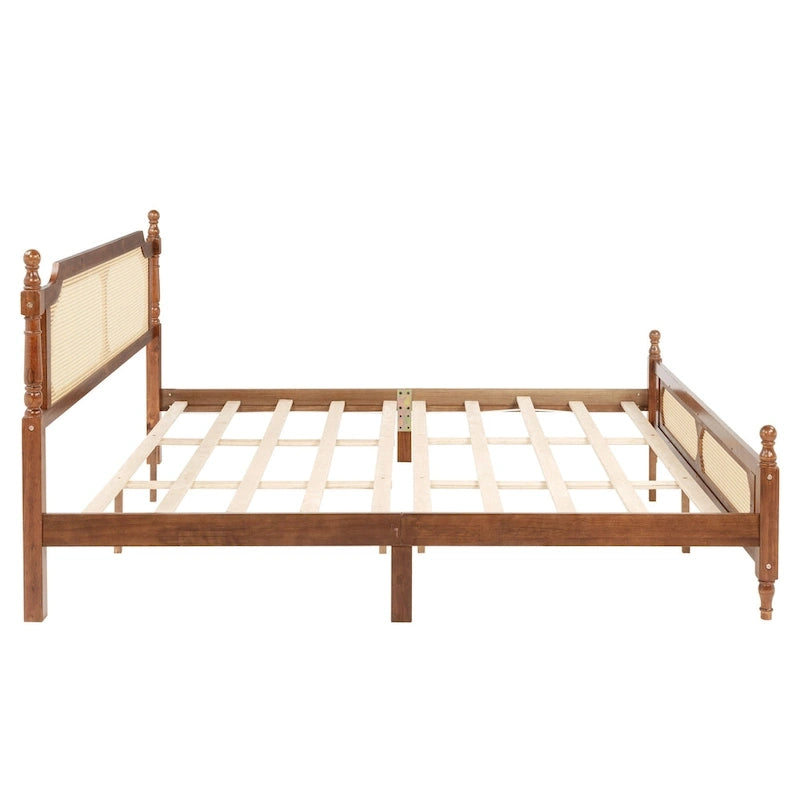 Lit en bois avec tête de lit et pied de lit en rotin, lit plateforme King size à profil bas avec plateforme de lit centrale améliorée