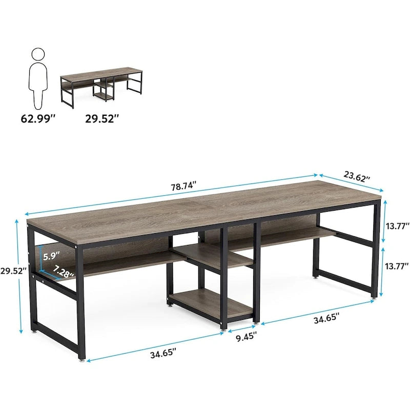 Two Person Desk with Bookshelf, 78.7 Computer Office Double Desk for Two Person