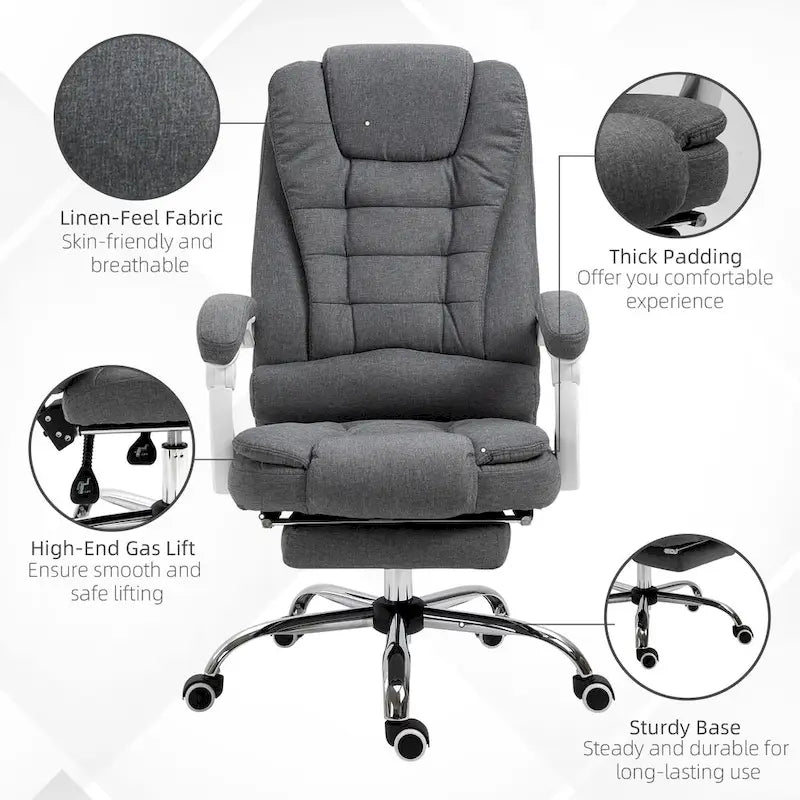 High-Back Executive Office Chair: Footrest, Linen-Fabric, Padded Armrests - Ergonomic