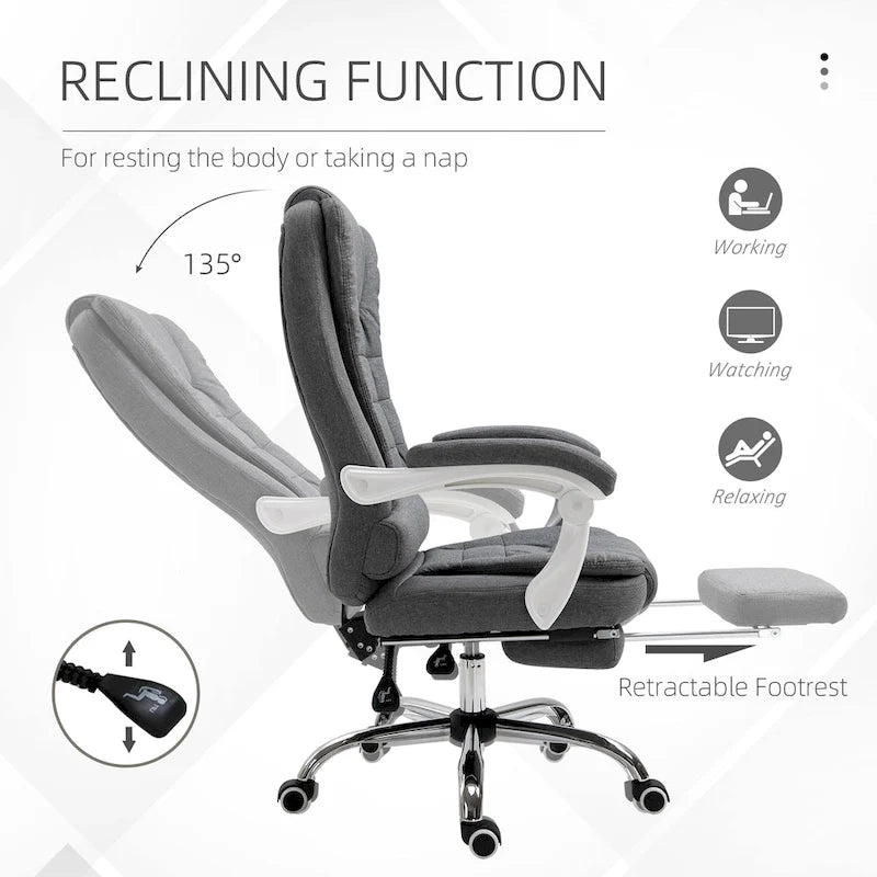 High-Back Executive Office Chair: Footrest, Linen-Fabric, Padded Armrests - Ergonomic