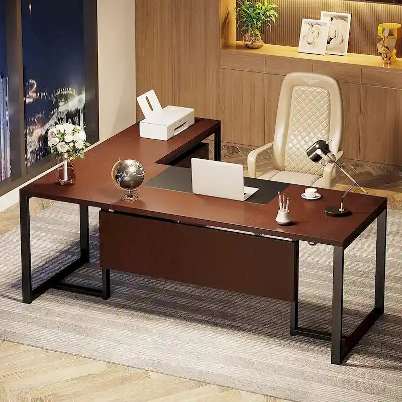 Bureau de direction de 180 cm avec classeur Grand bureau de direction d'angle en L Bureau d'ordinateur