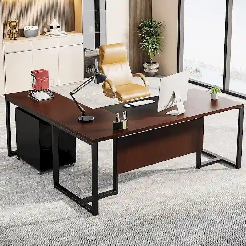 Bureau de direction de 180 cm avec classeur Grand bureau de direction d'angle en L Bureau d'ordinateur