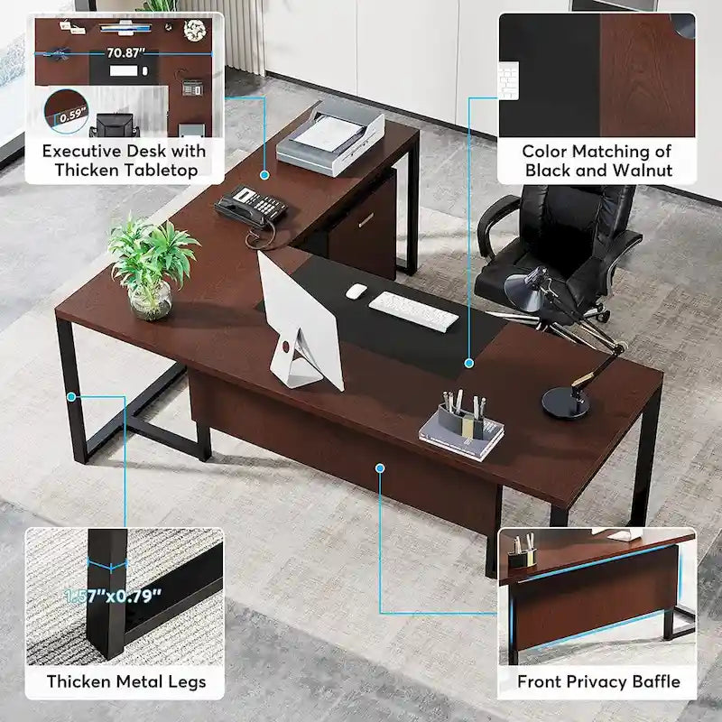 70.8 Inch Executive Desk with File Cabinet Large L Shaped Office Executive Desk Computer Desk