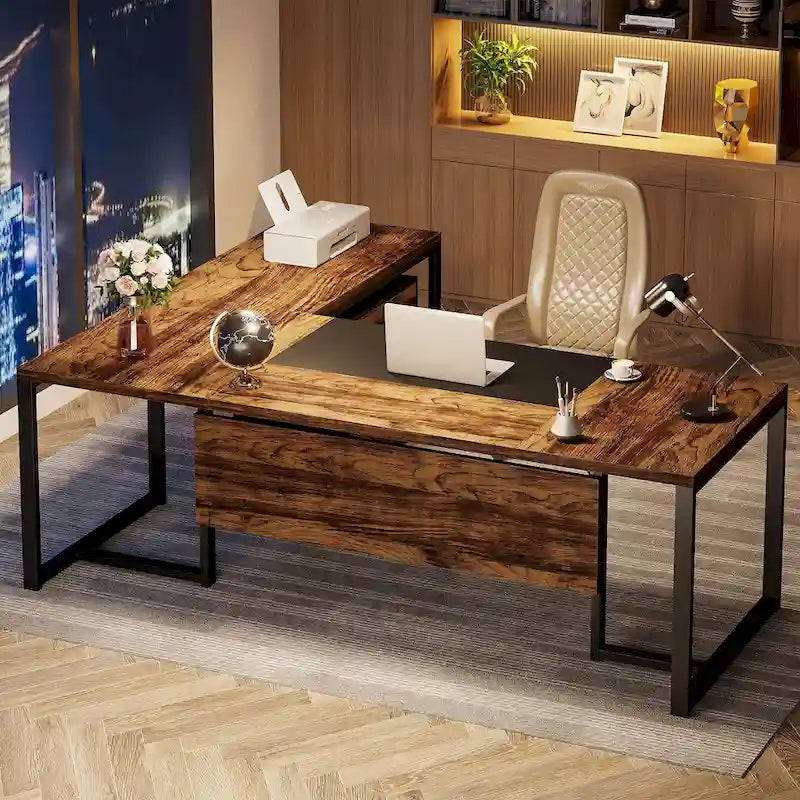 Bureau de direction de 180 cm avec classeur Grand bureau de direction d'angle en L Bureau d'ordinateur