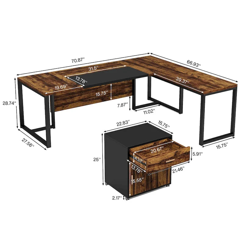 Bureau de direction de 180 cm avec classeur Grand bureau de direction d'angle en L Bureau d'ordinateur