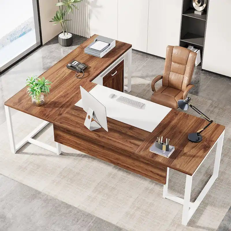 Bureau de direction de 180 cm avec classeur Grand bureau de direction d'angle en L Bureau d'ordinateur