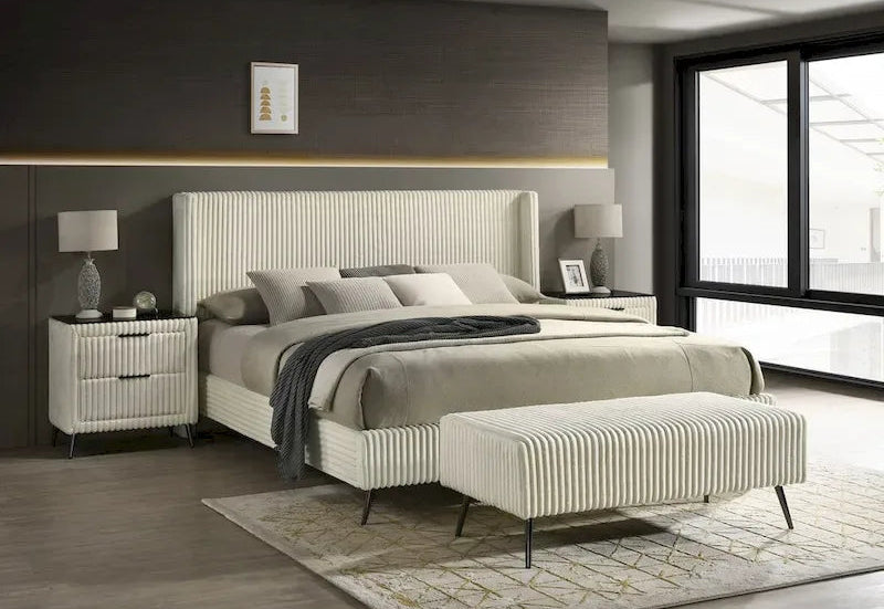 Roundhill Furniture Mavela Wide Wale Corduroy Upholstery Panel Bed with 2 Nightstands and Bench, Cream
