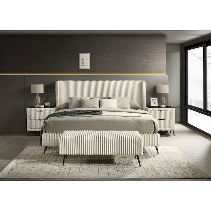 Mavela Wide Wale Corduroy Upholstery Panel Bed with 2 Nightstands and Bench, Cream