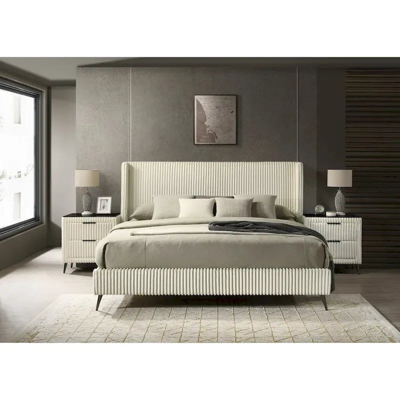 Mavela Wide Wale Corduroy Upholstery Panel Bed with 2 Nightstands and Bench, Cream