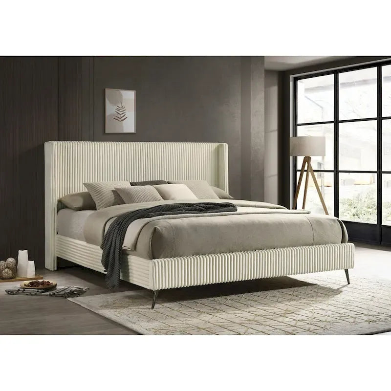 Mavela Wide Wale Corduroy Upholstery Panel Bed with 2 Nightstands and Bench, Cream