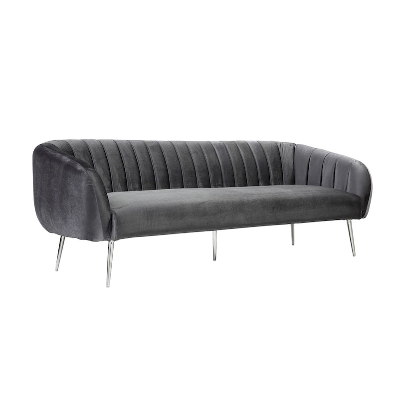 Canapé de 188 cm, coutures capitonnées, assise rembourrée, velours gris, argenté