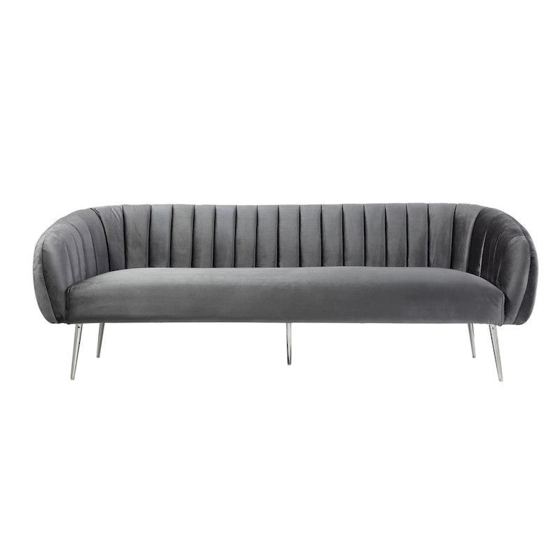 Canapé de 188 cm, coutures capitonnées, assise rembourrée, velours gris, argenté