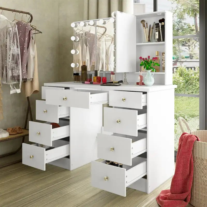 3-Mirror Vanity Table Stylish 9-Drawer Makeup Organizer Dressing Desk